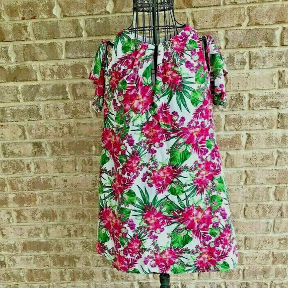Umgee Cold Shoulder Dress Small Floral Keyhole - Picture 6 of 14